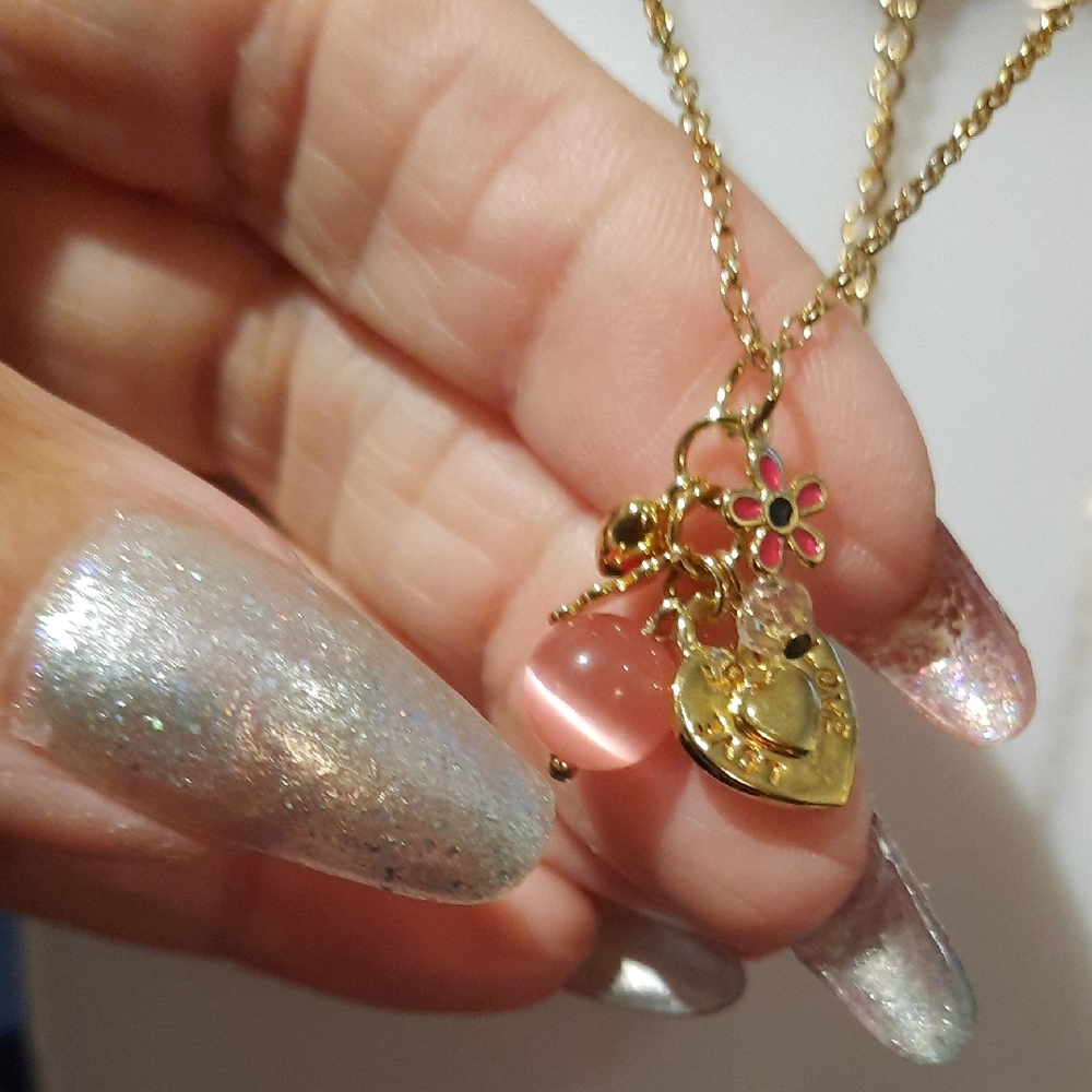 Solid 14K Yellow Gold LOVE Charm Necklace Beads Heart Floral Accents 16-18"